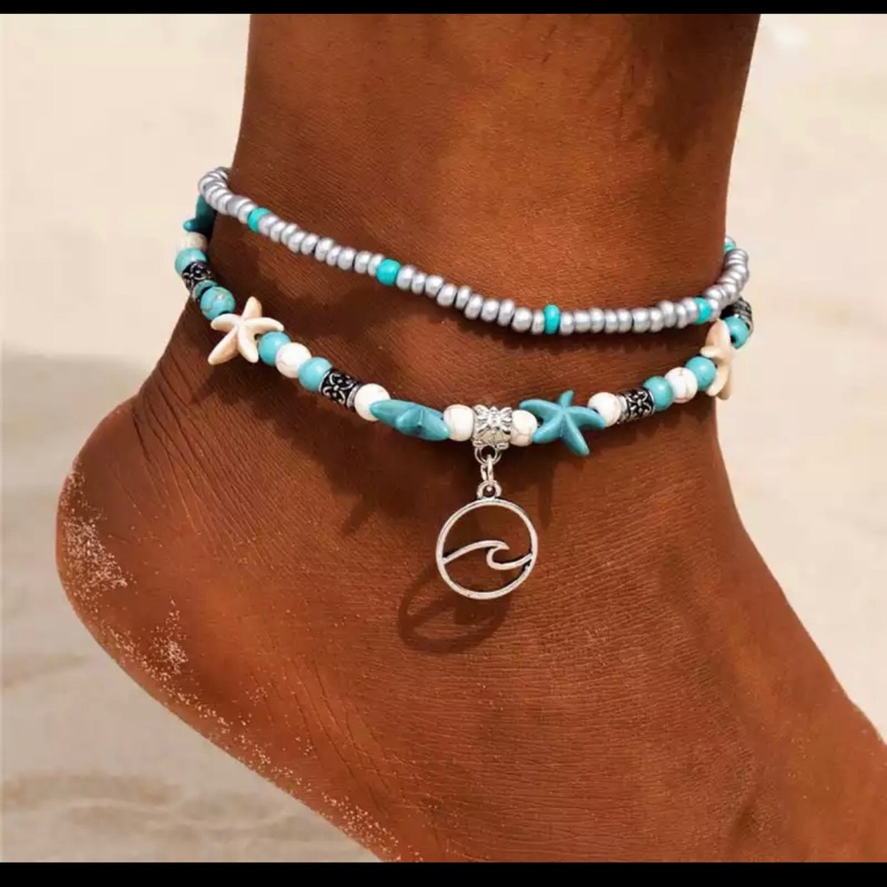 Double strand wave and seashell anklet